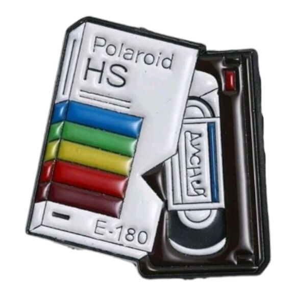 VHS Polaroid Hs Lapel Pin 80s TV Cassette & Case Enamel Retro RAD Brooch Rewind - Picture 2 of 5